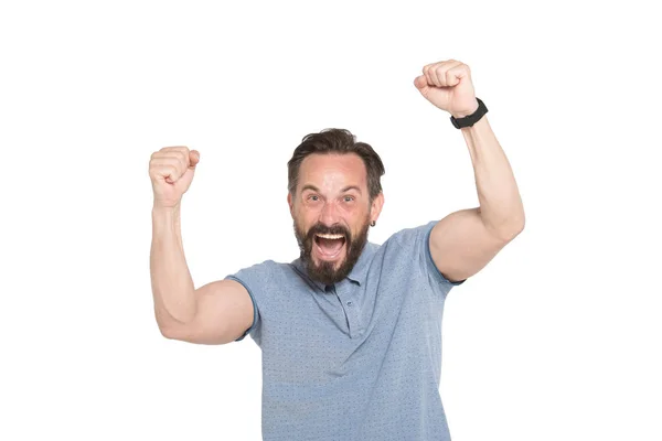 Victory Emotional Mature Bearded Man Expressing Excitement While Raising Clenched — Stock Photo, Image