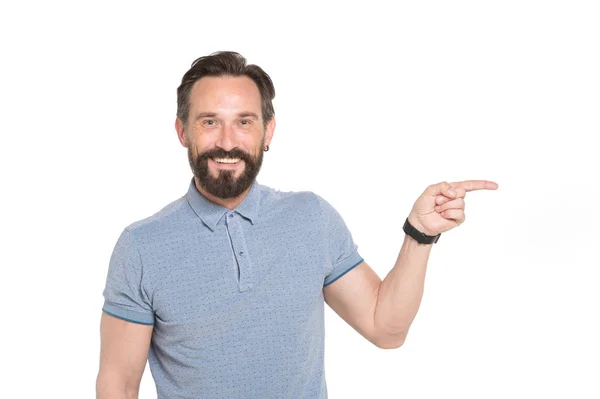 Portrait Optimistic Bearded Man Casual Clothes Pointing Sideways While Looking — Stock Photo, Image