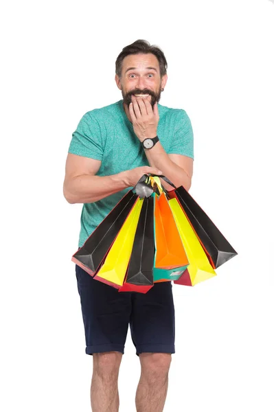 Nákupní Závislost Radostné Vousatý Shopaholic Muž Držící Papírové Tašky Nedávno — Stock fotografie