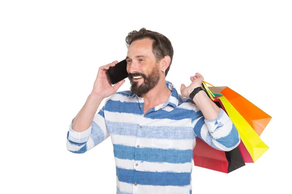 Ενθουσιασμένος Γενειοφόρος Shopaholic Άνθρωπος Διατηρώντας Χάρτινες Τσάντες Αγορές Πάνω Από — Φωτογραφία Αρχείου