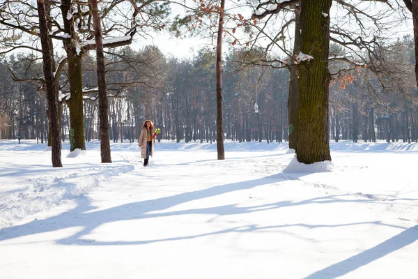 Red haired woman holding yellow narcissuses while having a walk through winter forest with tree shadows on foreground