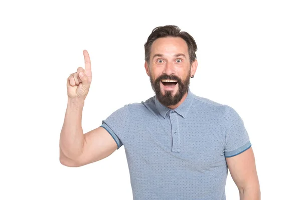 Bingo Portrait Excited Bearded Man Shirt Having Creative Idea Smiling — Stock Photo, Image