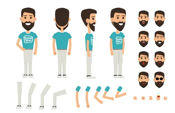 Ön, yan, arkadan görünüm animasyon karakter. Bir sakallı