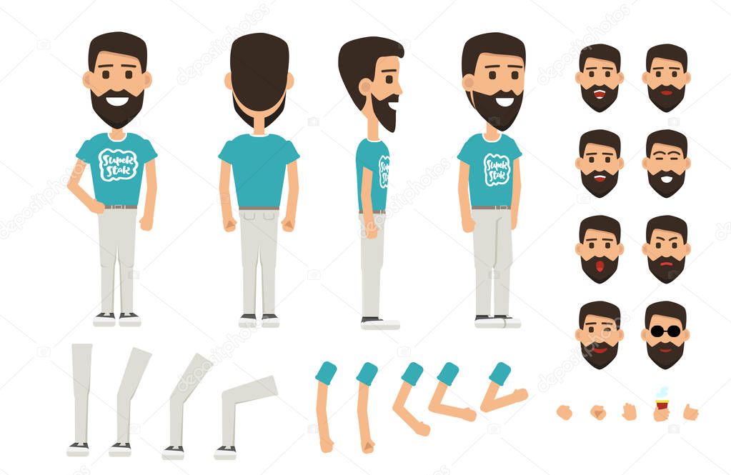 Front, side, back view animated character. Man with a beard