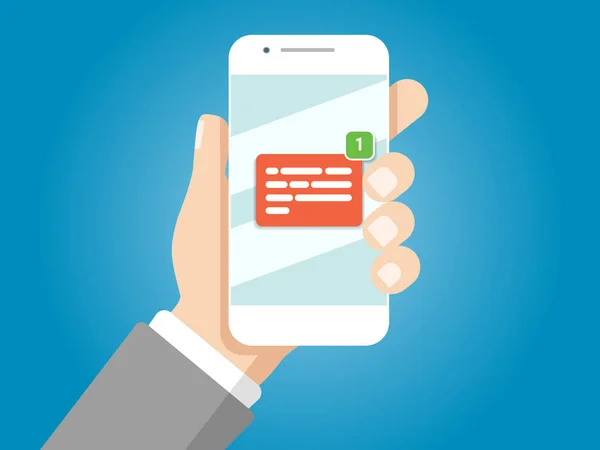 El tutma smartphone. Yeni e-posta iletisi bildirimi üstünde hareket eden telefon. Vektör çizim. Düz tasarım