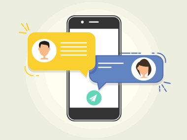 Adam akıllı telefon vektör çizim üzerinde bir kadınla sohbet.