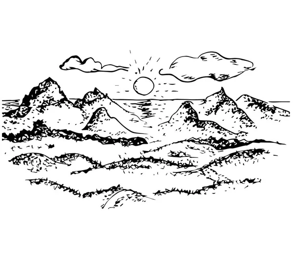 Zachód słońca, góry, słońce, chmury, kontur wektorowy. Graficznie rysunek. góry krajobraz, wieś. — Wektor stockowy