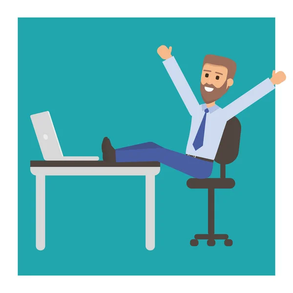 Uomo d'affari felice con la barba o manager si siede su una sedia, i piedi sul tavolo. Uomo di successo che ha riposo sul posto di lavoro in ufficio . — Vettoriale Stock