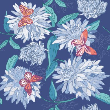 Seamless modeli ile mavi çiçek yaprakları ve mavi bir arka plan üzerinde kelebekler. Aster, kasımpatı, gerbera. Çiçek Yazdır.