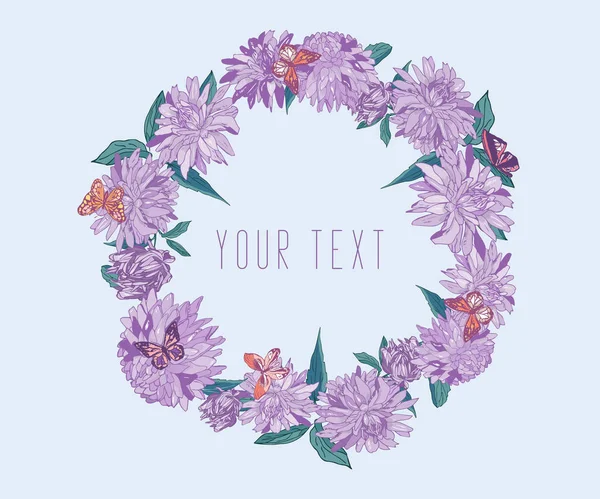 Round floral frame of purple asters with butterflies. Round garland with space for text for season design. — Stock Vector