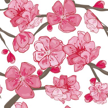 Pembe Sakura Çiçeği veya Japon çiçekli kiraz baharında sembolik sorunsuz arka plan deseni