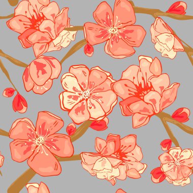 Pembe Sakura Çiçeği veya Japon çiçekli kiraz baharın rastgele düzenleme kare Tekstil için uygun biçimde sembolik sorunsuz arka plan deseni. EPS 10 vektör