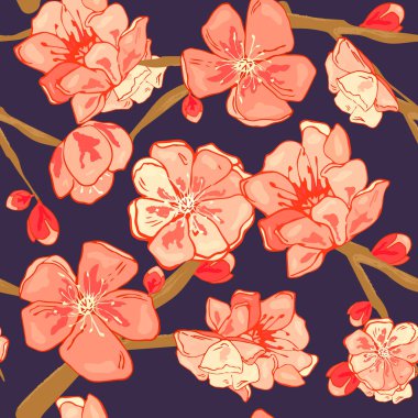 Pembe Sakura Çiçeği veya Japon çiçekli kiraz baharında sembolik sorunsuz arka plan deseni