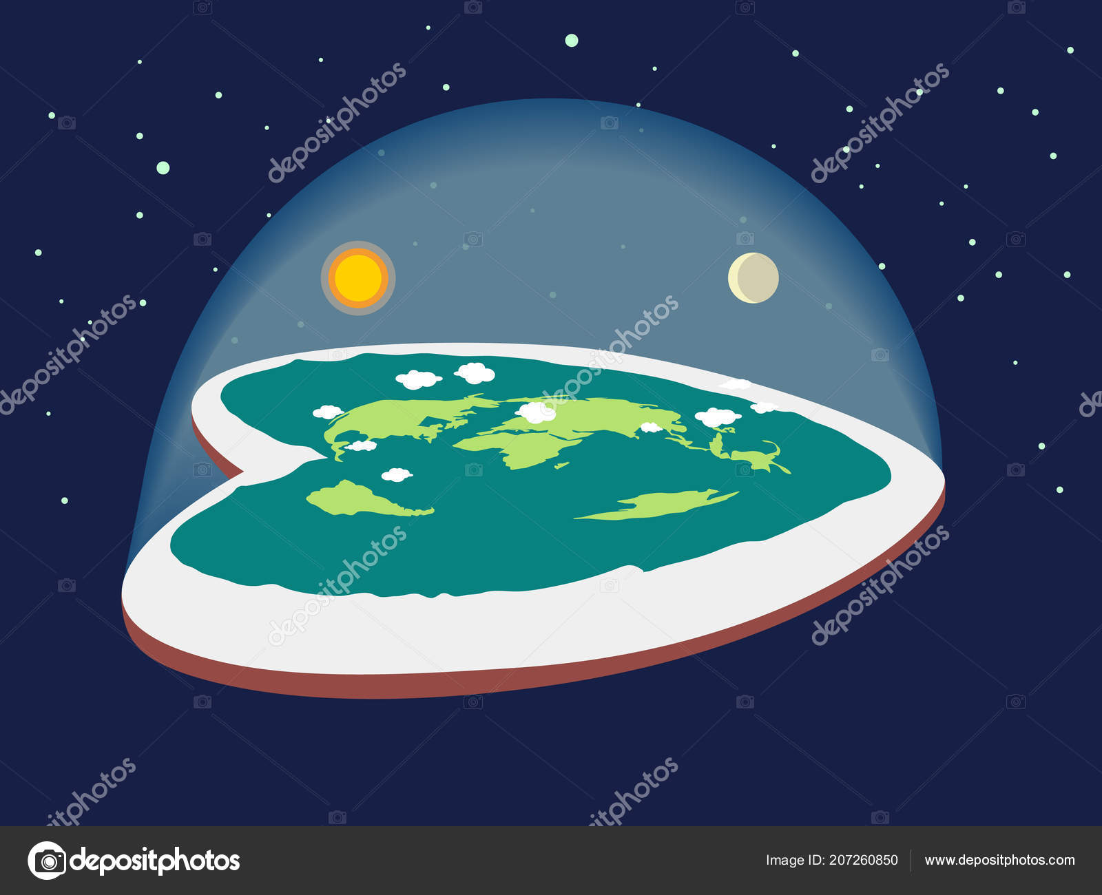 フラット地球の南極大陸に囲まれたハートの形 南極圏 透明なガラスのドームの下で惑星 フラット地球のリアルなイラストです 世界の謎 ストックベクター  ©dulya 207260850, image size:1600x1300