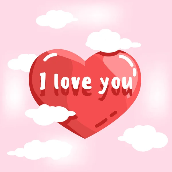 Red Heart Pink Background Clouds Inscription Love You Template Greeting — Stock Vector