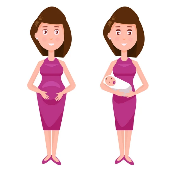 Schwangerschaft und Geburt niedliche Cartoon-Vektor-Illustration. junge schwangere Frau und Frau mit Neugeborenem. neue Mutter — Stockvektor