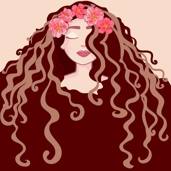 Vacker ung flicka porträtt med blomsterkrans. långt hår, lockigt hår salong frisyrer och trendig frisyr vektor isolerad på vit bakgrund. — Stock vektor