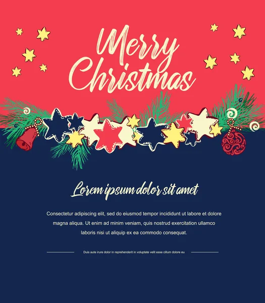 Noel desen başlık Xmas Noel çelenk, top, çan, yıldız ile. Ağacı süsle. Vektör renkli şablonu için tebrik kartı.