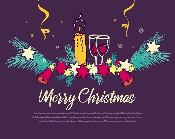 Holiday's Background with Season Wishes and Border of Christmas Tree Branches Decorated with, Stars, candle , glasses, bells . Vector illustration. Banner template, greeting card