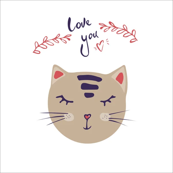 Poster Tipografico Mano Sceneggiatura Calligrafica Love You Con Testa Gatto — Vettoriale Stock