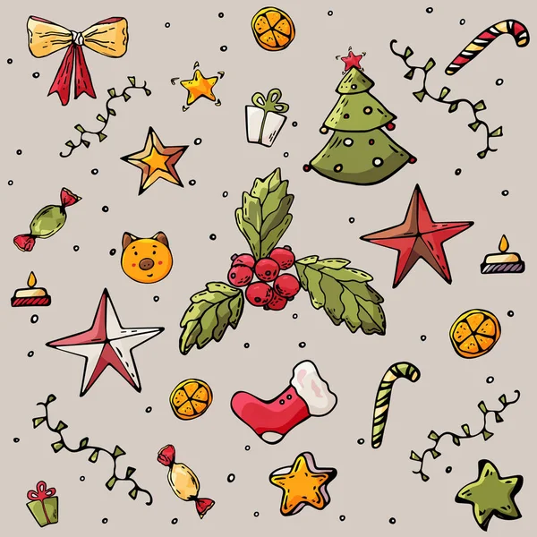 Vánoční nebo novoroční vektor vzor bezešvé. Rekreační zázemí. textury pro plakát, leták, banner, webové pozadí Pozvánka na večírek. hvězda, strom, prasat, bonbóny, svíčka, dary, luk, sock.hand kresba — Stockový vektor