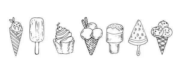 Sevimli vektör el topluluğu karikatür dondurma çizilmiş. Koniler ve dondurma ile farklı tatlar doodle tarzı yaptı