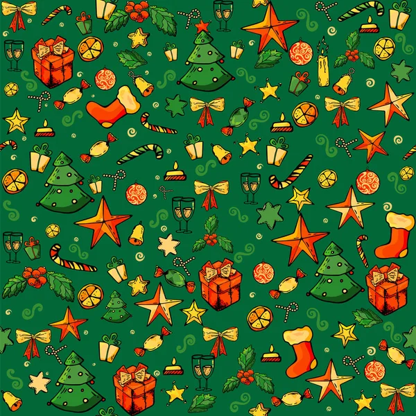Neşeli Noel seamless modeli. misterlet, hediye, Ladin, yıldız, çorap, şeker, çan, yay. Vintage dekorasyon. tatil sezonu arka plan. Kumaş, afiş, davetiye, tebrik kartı vektör yazdırma.
