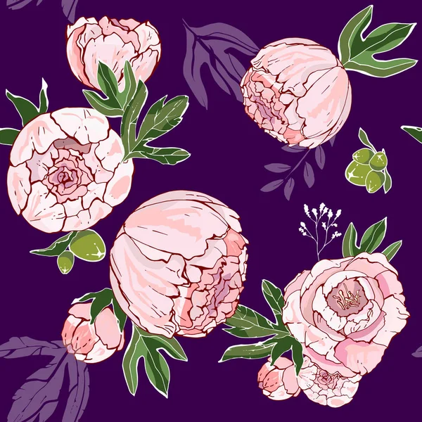Красивый Ручной Букет Розовых Пионов Фиолетовом Фоне Печать Ткани Текстиле — стоковый вектор