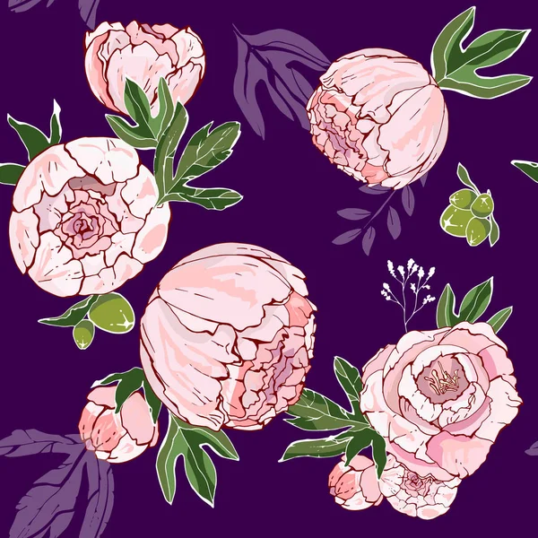 Güzel çizilmiş buket pembe peonies mor bir arka plan üzerinde. kumaş, tekstil, dekor baskı. Şakayık seamless modeli. Çiçek arka plan. Çiçekler sonsuz deseni. Vektör çizim.