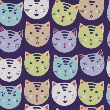 sevimli kediler. vektör karikatür kedi yüzler ile seamless modeli. kumaş baskı çıkartmaları. Modern arka plan. el çizimi