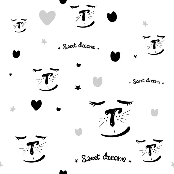 Abstraktní Ručně Kreslené Doodle Černá Bílé Bezešvé Vzorky Pozadí Kočkami — Stockový vektor