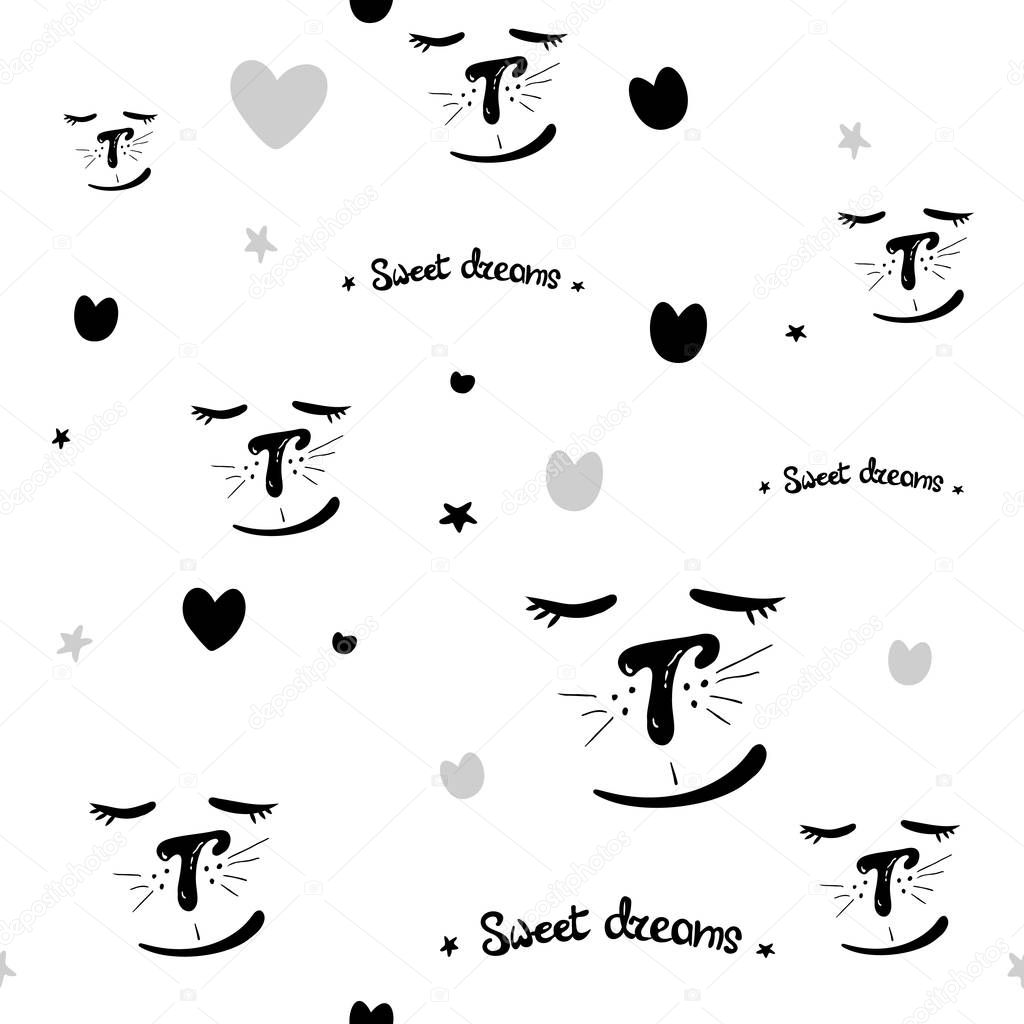 Abstract Hand Drawn Doodle Black white Seamless Background Patterns with Cats. sweet dreams. vector seamless pattern for card, invitation, poster, banner, placard, diary, album sketch book cover