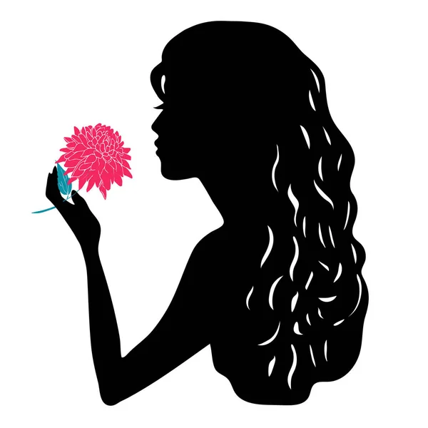 Vector silhuetter av tjej frisyrer. profilen. Flickor siluett. Silhuetten av vacker kvinna med blomma. — Stock vektor