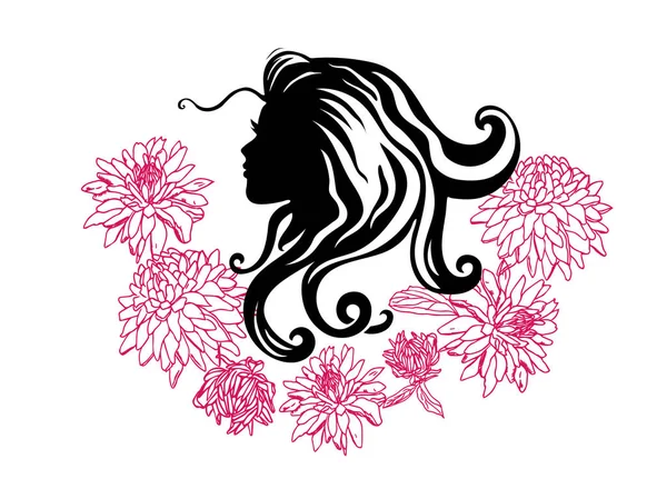 Vector silhuetter av tjej frisyrer. profilen. Flickor siluett. Silhuetten av vacker kvinna med blomma — Stock vektor