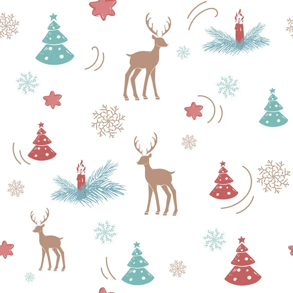 Dibujo de ilustración dibujado a mano Feliz Navidad 2018 verde, braoun rojo sobre fondo blanco. Invierno xmas animal cartel vector patrón sin costuras de impresión. garabato — Archivo Imágenes Vectoriales
