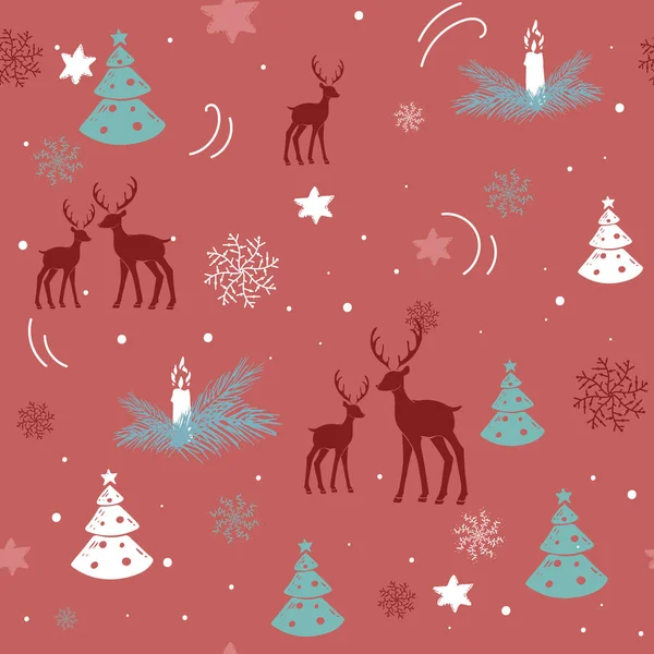 Hand drawn illustration drawing Merry Christmas 2018 in trendy. Winter xmas animal poster vector pattern seamless print. deer, tree, snowflakes, candle on red background — Stock Vector