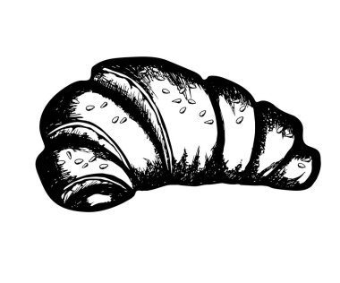 siyah kruvasan witn susam vektör kroki üzerinde izole beyaz arka plan. Elle çizilmiş