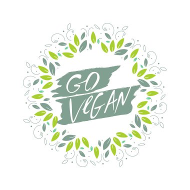Özgün tarzı Vegan el yapımı yazı logo. Elle çizilmiş kaligrafi yeşil vegan Eko şablonu. Vegan vektör yeşil yaprakları ile yuvarlak afiş ile yazı git