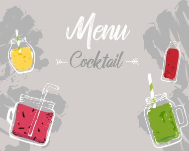 menü. kokteyller, taze meyve suları, bir şişe içki. Yeşil smoothie.hand çizilmiş güler yüzlü veya detoks drink.vector illustration.for Restoran, kafe, yemek odası, menü şablonu.