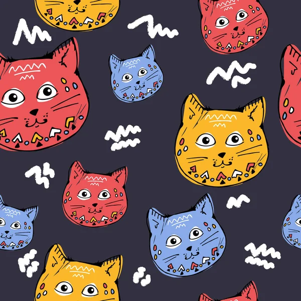 可爱的猫五颜六色的无缝图案背景 蓝色和黄色的颜色 孩子的风格 背景的贺卡 在织物上打印 — 图库矢量图片