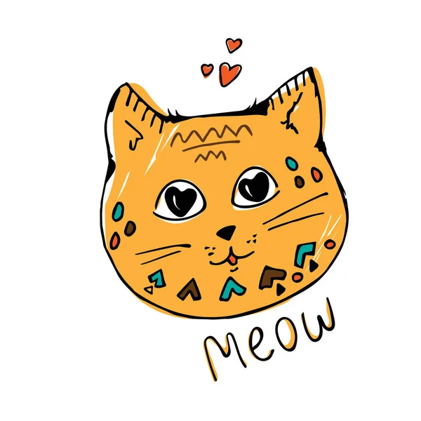 Handgezeichnete Katze Miauender Schriftzug Herzen Den Augen Gelb Mit Geometrischem — Stockvektor