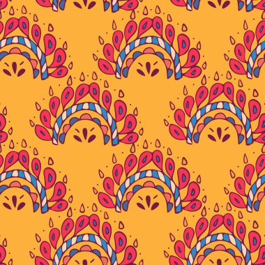 Etnik ya da psychedelic sembol ile sorunsuz doku vektör, vektör çizim doodle. Sonsuz arka plan. sarı kırmızı. Etnik seamless modeli. Vektör zemin. şablon. Kullanım için duvar kağıdı, desen dolgularını, web sayfası arka planı