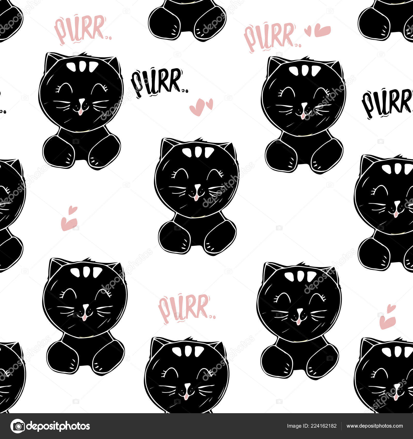 Vector Cute Cat Unicorn Elements Seamless Pattern Black