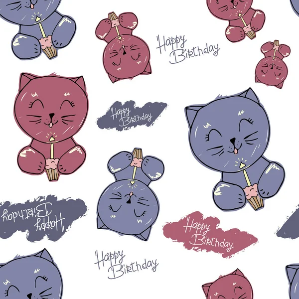 Vector cute cat and elements seamless pattern, isolated on white. cat blows out the candle on the cupcake. hand written Happy Birthday. children's style. wallpaper, wrapping paper, printing on fabric, clothes. background