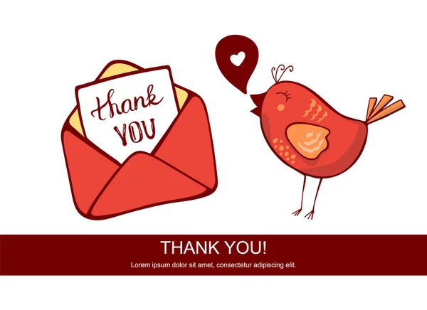 かわいい夏のカード ベクトル漫画イラスト赤い鳥は言います 赤吹き出しを聞いた 文字で Text Envelope のためのスペース 銘刻文字の手書き レタリング ありがとう — ストックベクタ