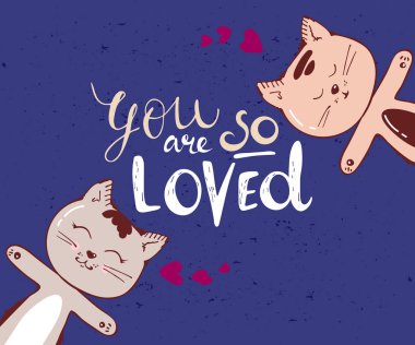 Sevimli kedi karakteri ile kalp romantik mavi zemin üzerine. Elle çizilmiş karikatür vektör, stil resimde çok seviliyorsun yazı ile doodle. metin için yer. Tebrik kartı olabilir poster