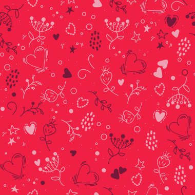 Dikişsiz desen kalp, çiçek, nokta ile doodle tarzında. Moda için şablon. Kapak kumaş, kitaplar için şablon. Kumaş için modern tasarım. kırmızı. arka plan duvar kağıdı