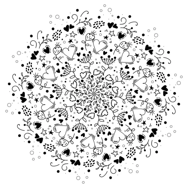 Фарбувальна сторінка з зунгле мандали для антистресової терапії. каракулі квітка, серця. Зворотній зв'язок. друкувати. чорно-білий малюнок рук — стоковий вектор