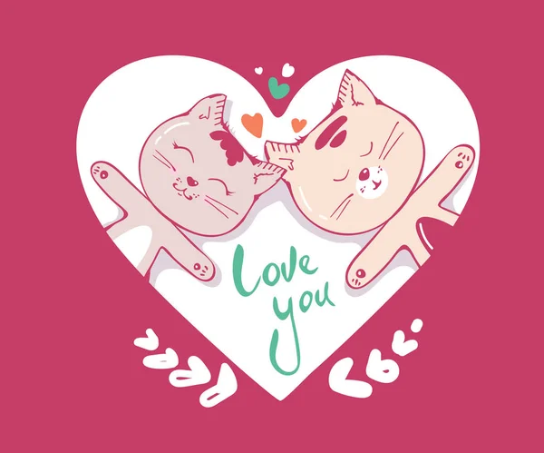 Lindo Gatos personaje enamorado de corazones y letras caligrafía texto. Te amo. Ilustración de arte dibujado a mano en caricatura, estilo garabato para tarjeta de felicitación, póster, banner. Rojo. — Vector de stock