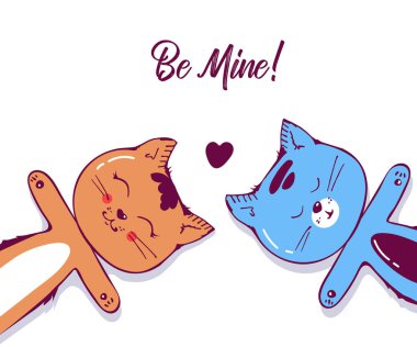 Sevimli kedi karakteri kalp aşık. Beyaz arka plan üzerinde izole. Çizilmiş sanat illüstrasyon karikatür, tebrik kartı, poster, afiş için stil doodle türden. T-shirt kumaş baskı. Kırmızı beyaz. için